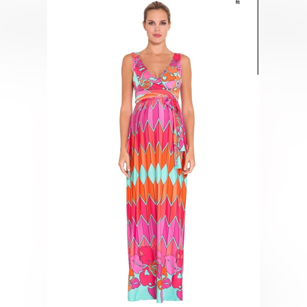 Olian Maternity Vibrant Pink and Orange Maxi Dress M Excellent condition